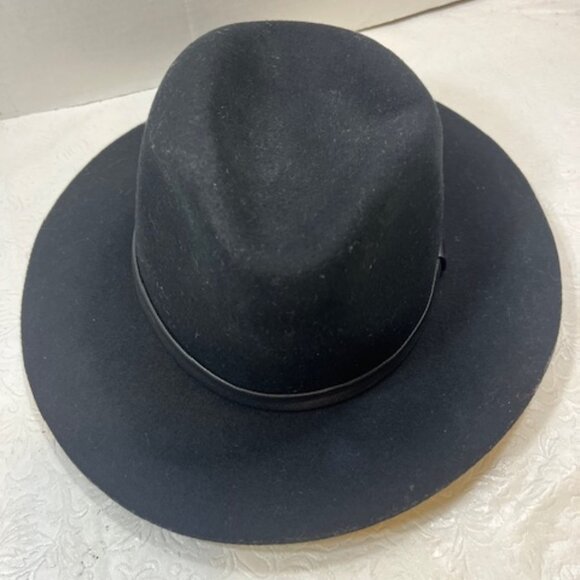 Large Brim Wool Fedora Hat Accented w/Leather Band Trim Black - Picture 2 of 12